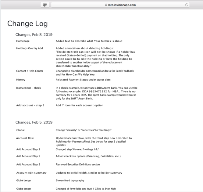 Example change log for wireframes, in an Invision link